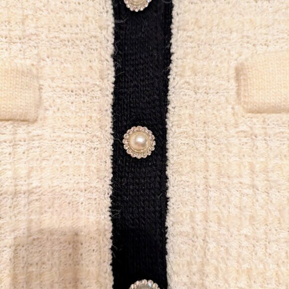 Mango MNG Pocket Tweed Cardigan Sweater Large Off White Black Cotton Blend EUC - Picture 6 of 15